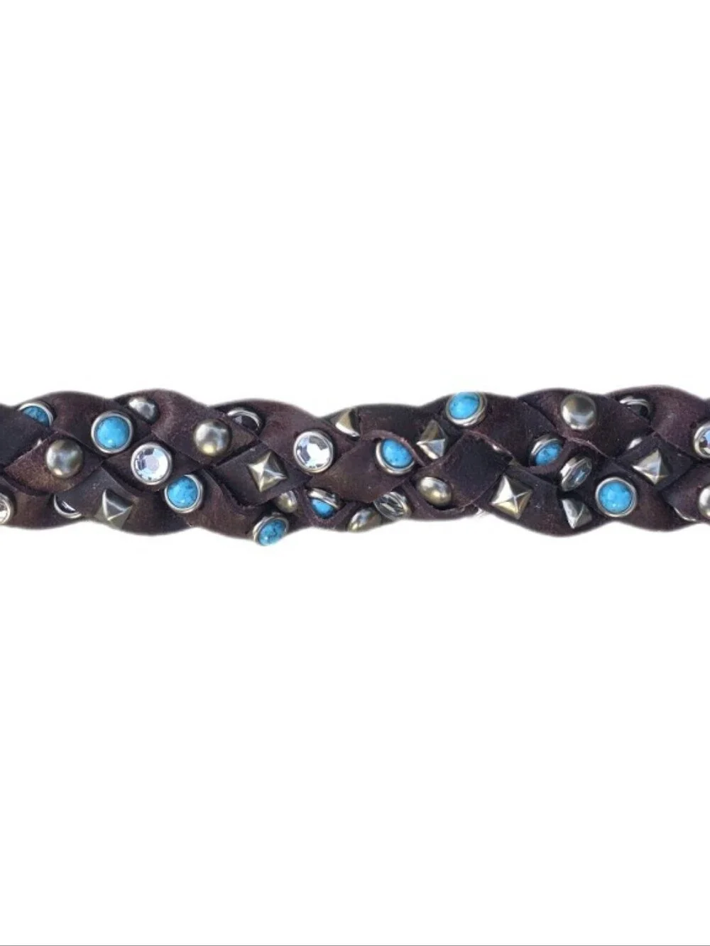 Western Festival Braided Brown Leather Belt  Studded Faux Turquoise Crystal LG